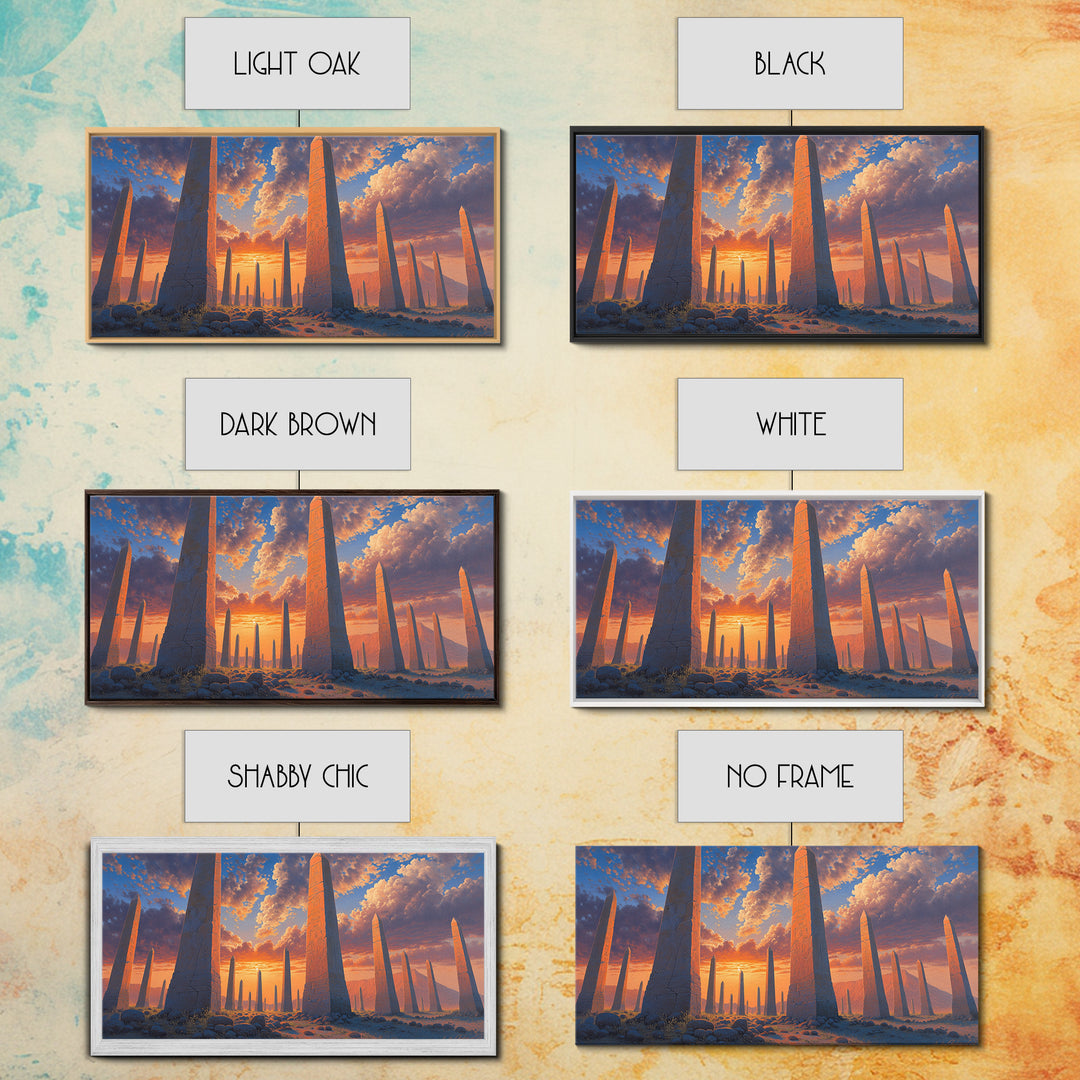Sunset Obelisk Field Wall Art, African Egyptian Art Print, Ancient Desert Landscape, Warm Orange Statement Home Decor Gift