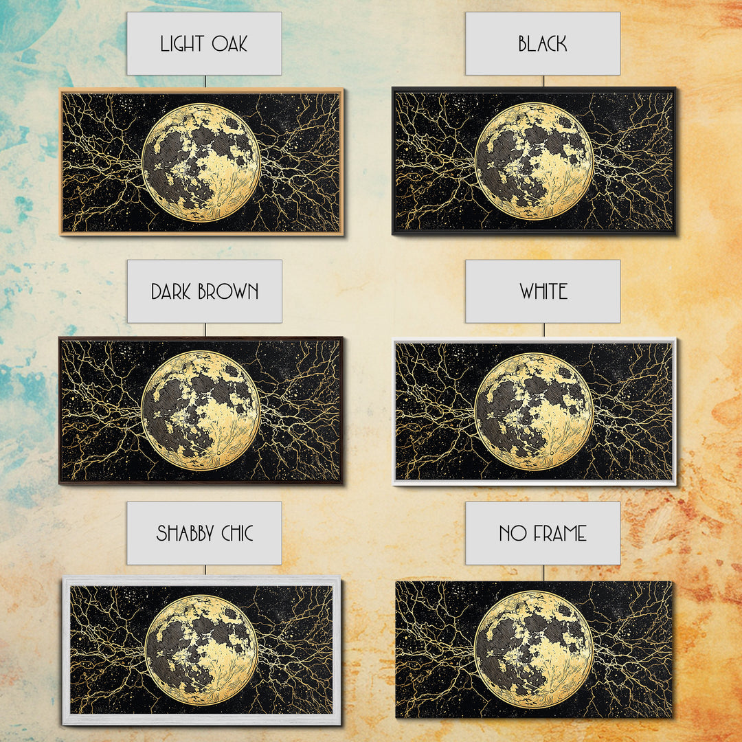 Golden Full Moon Wall Art, Black And Gold Celestial Canvas Print, Mystical Wall Decor, Abstract Night Sky Gift For Bedroom Home