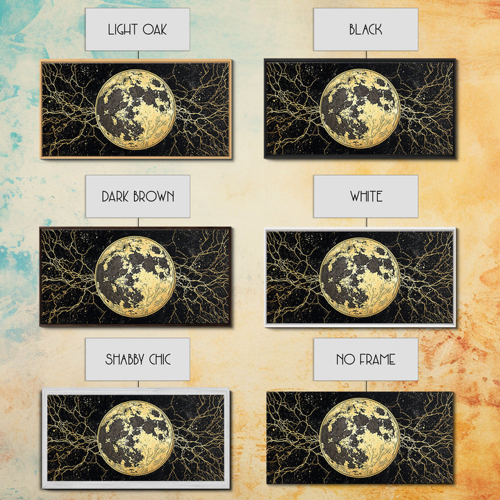Golden Full Moon Wall Art, Black And Gold Celestial Canvas Print, Mystical Wall Decor, Abstract Night Sky Gift For Bedroom Home