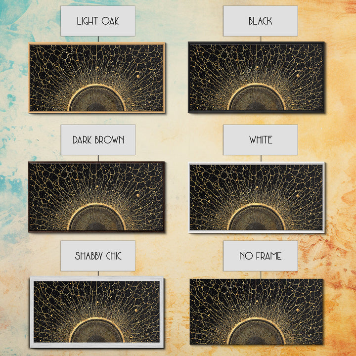 Golden Cosmic Sun Network Abstract Wall Art, Geometric African Inspired Decor, Black And Gold Modern Living Room Canvas Print