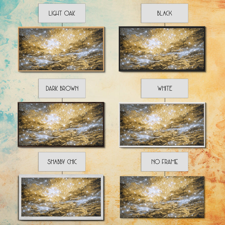 Golden Cosmic River Abstract Wall Art, Textured Modern Canvas Decor, Luxury Blue Gold Landscape For Living Room Statement Piece