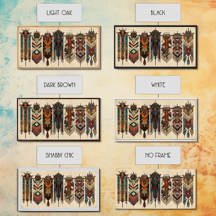 Seven Ornate African Tribal Banners Wall Art, Ankara Pattern Textile Art, Cultural Home Decor, Framed Canvas Print Gift For Her