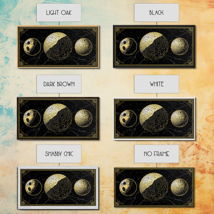 Gold Moon Phase Triptych Wall Art, Black Celestial Canvas Print, Lunar Astronomy Decor, Mystical Black And Gold Home Decor Gift