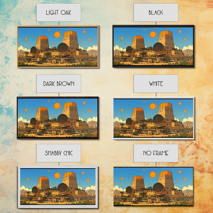 Desert Towers And Orange Suns Wall Art, Sci Fi African Inspired Settlement, Canvas Print, Modern Wall Decor, Unique Home Decor