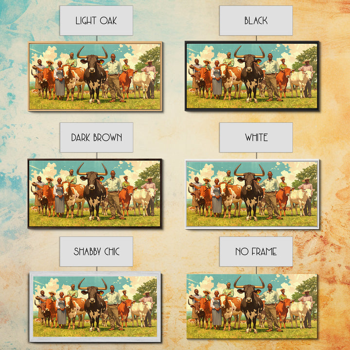 African Family With Cattle Wall Art, Sunny Pasture Portrait, Afrocentric Farm Decor, Vibrant Canvas Print For Living Room