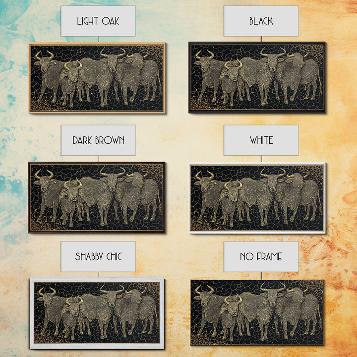 Gold Line Cattle Herd Wall Art, Black Mosaic Tribal Animal Illustration, African Farm Decor, Premium Canvas Print For Home