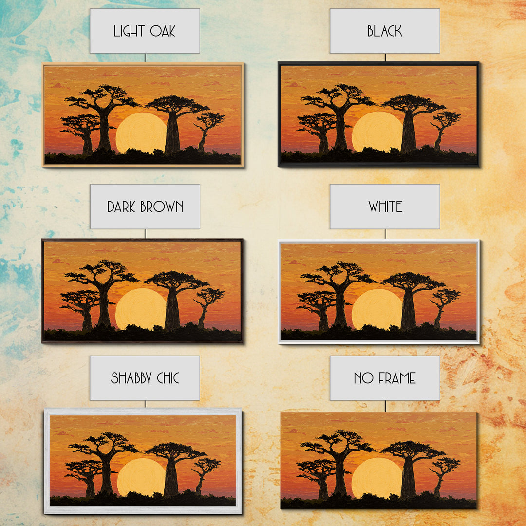 Golden Baobab Sunset Silhouette Wall Art, African Landscape Canvas Decor, Safari Tree Print, Warm Orange Living Room Gift