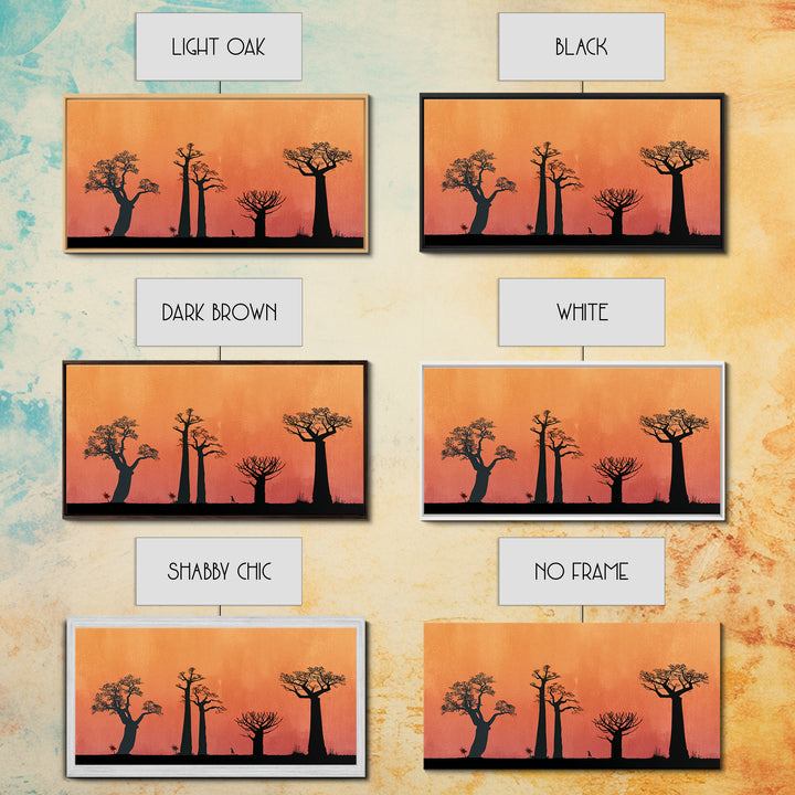 Minimal Baobab Grove Silhouette Canvas Print, African Landscape Wall Decor, Orange Sunset Safari Art, Boho Home Decor Gift
