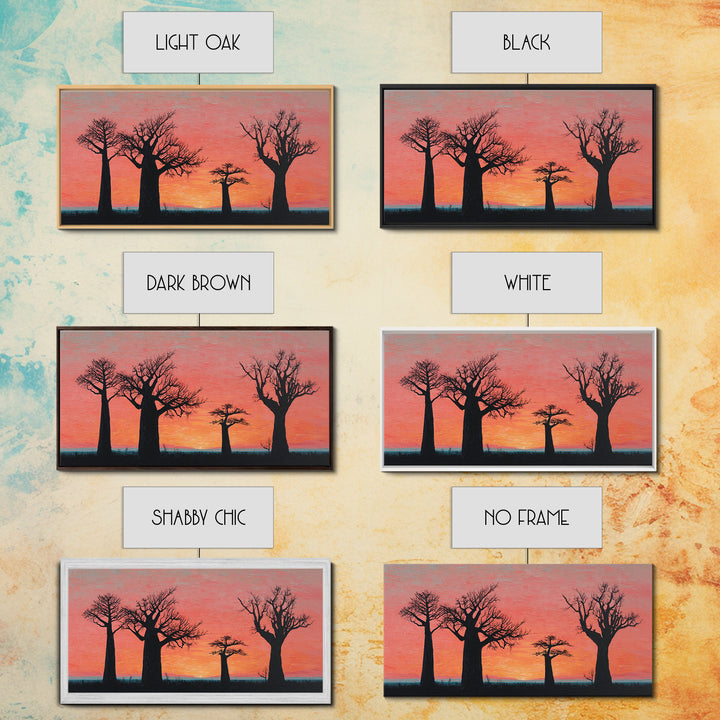 Coral Baobab Tree Silhouette Wall Art, African Landscape Print, Pink Sunset Safari Decor, Modern Canvas Gift For Home Decor