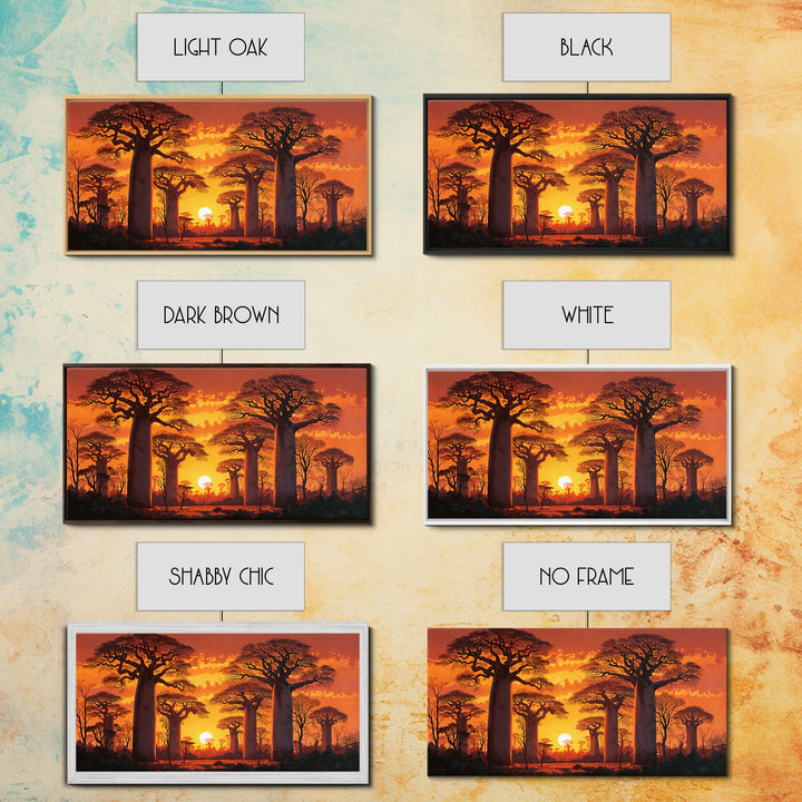 Fiery Baobab Avenue At Sunset Framed Canvas Print, African Safari Landscape Wall Decor, Dramatic Orange Statement Art Gift