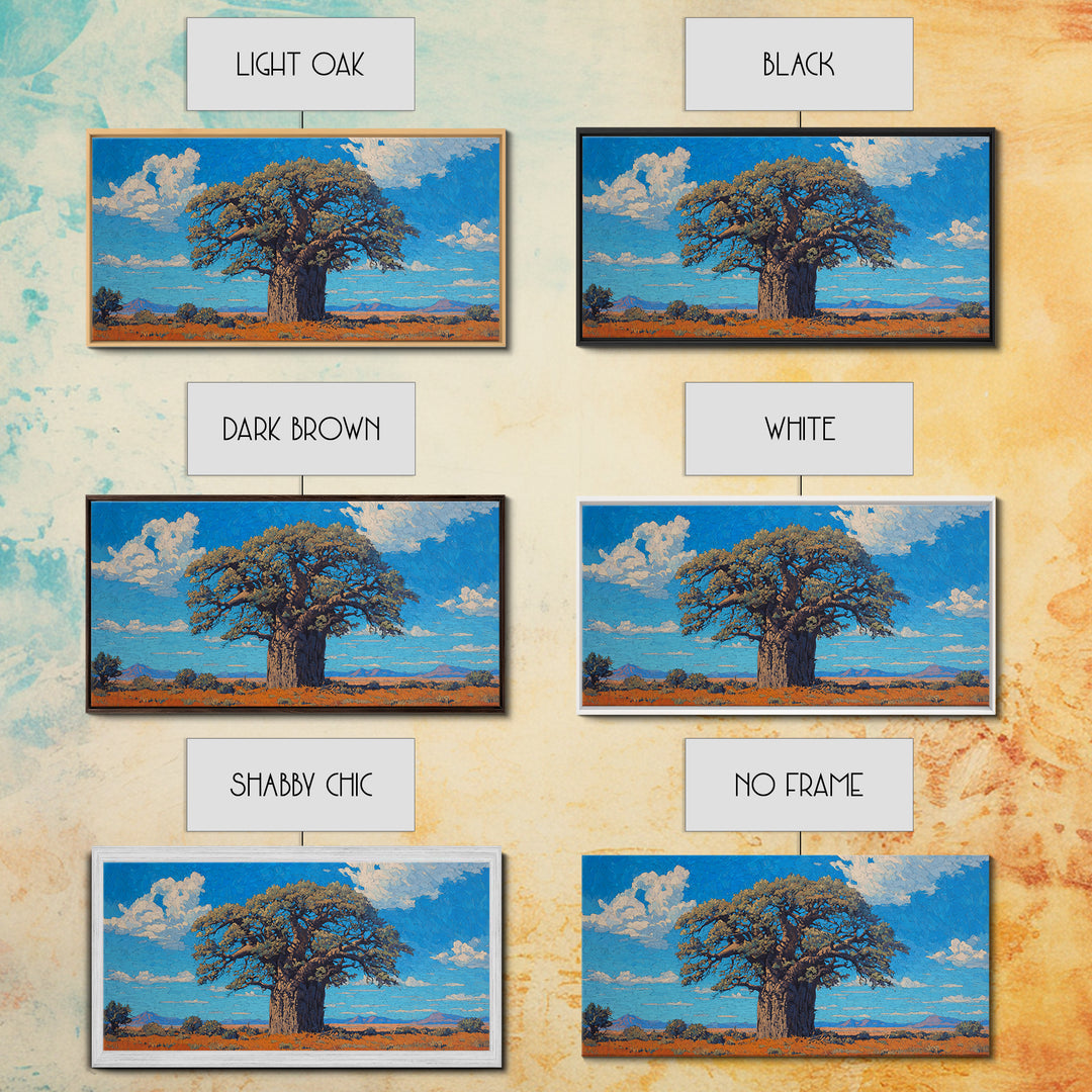 Sunlit Baobab Tree Canvas Print, African Landscape Wall Art, Blue Sky Safari Decor, Nature Scene Art, Unique Home Decor Gift