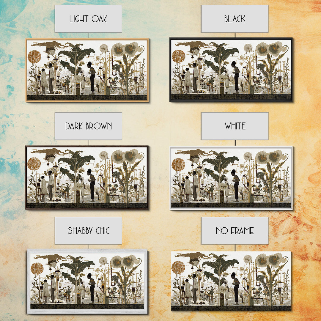 Neutral Botanical Black Figures Garden Wall Art, African American Art, Elegant Floral Canvas Print For Living Room Decor