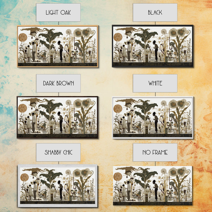 Neutral Botanical Black Figures Garden Wall Art, African American Art, Elegant Floral Canvas Print For Living Room Decor