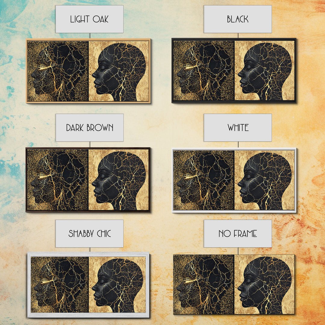 Black Gold Rooted African Profile Diptych Framed Canvas Print, Spiritual Wall Art, Modern Afrocentric Decor, Luxury Art Print