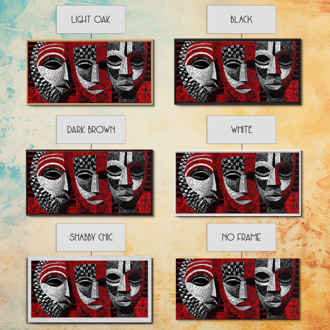 Three Red Black And White African Masks, Canvas Print, Tribal Mask Art, Abstract African Art Decor, Statement Wall Decor Gift
