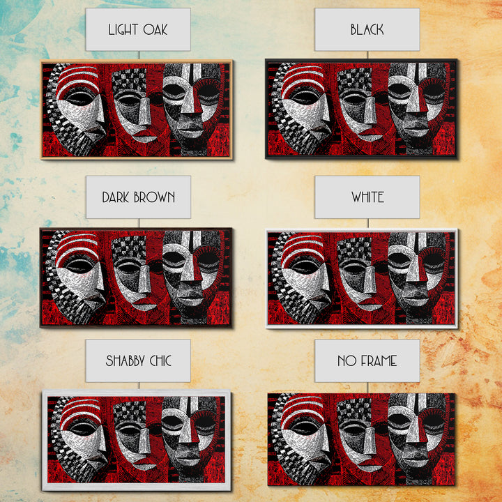Three Red Black And White African Masks, Canvas Print, Tribal Mask Art, Abstract African Art Decor, Statement Wall Decor Gift