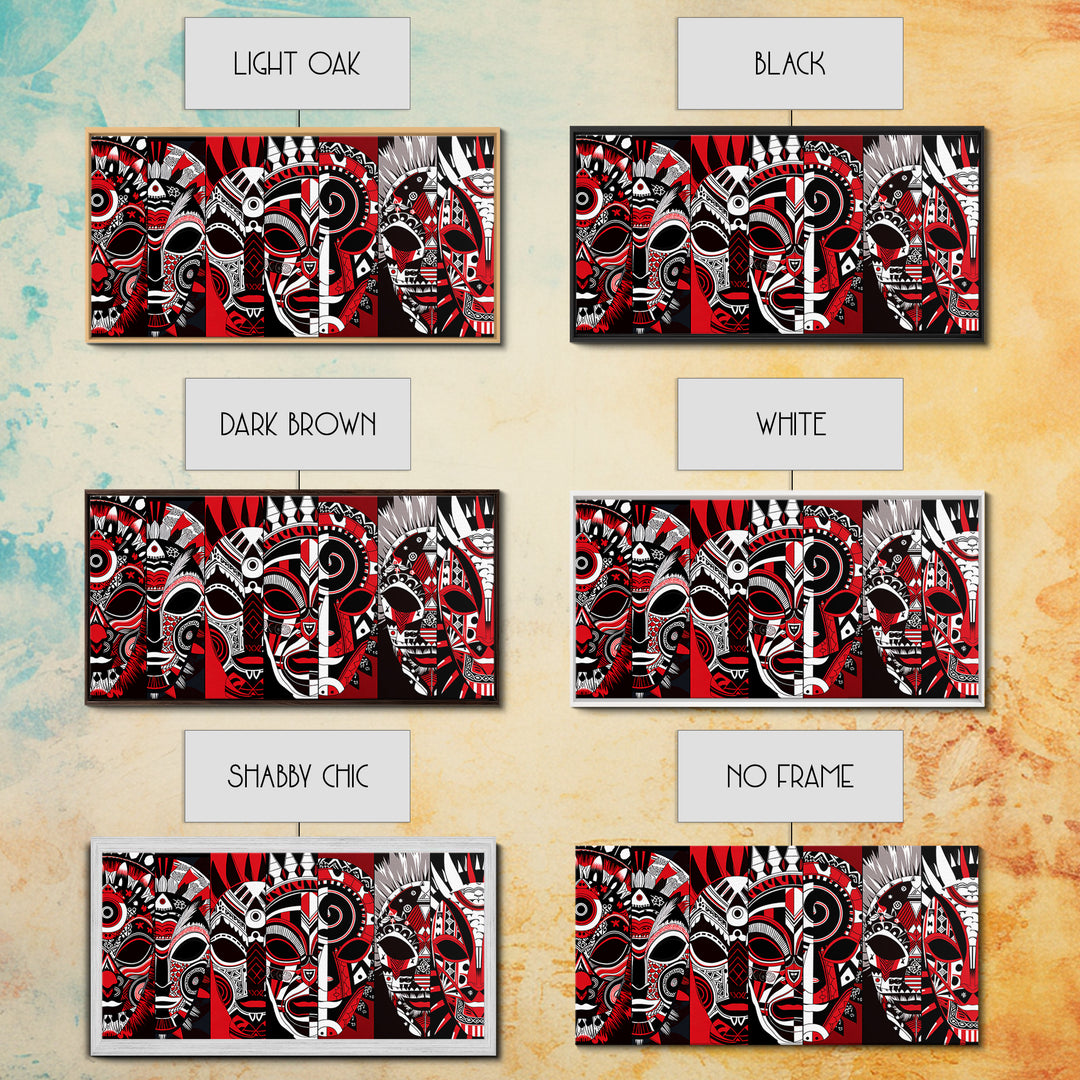 Overlapping Red Tribal Masks In Bold Pattern, African Mask Wall Art, Afrocentric Decor, Contemporary Canvas Print, Home Decor Gift