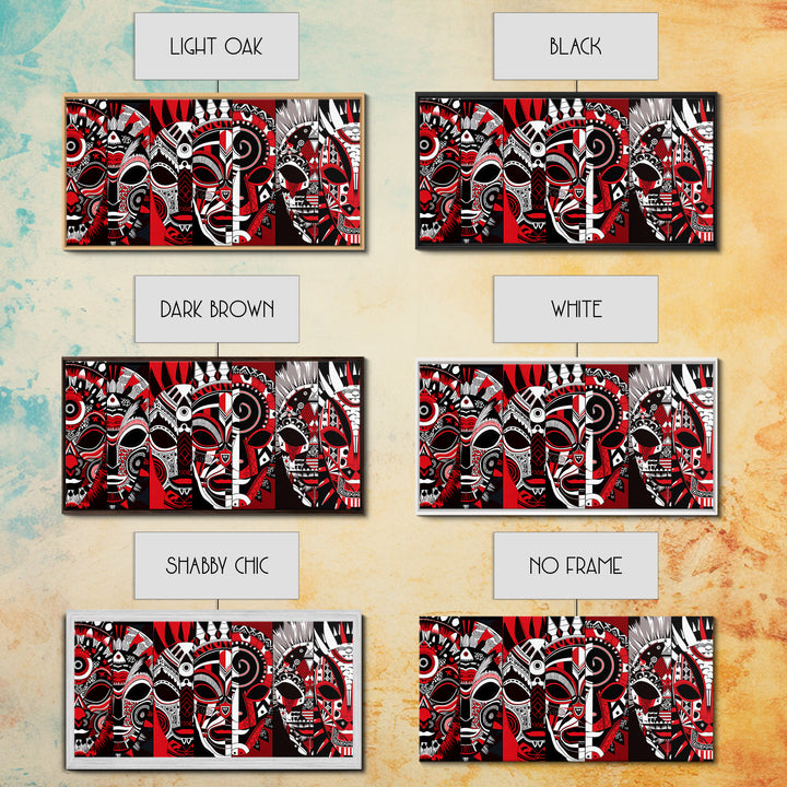 Overlapping Red Tribal Masks In Bold Pattern, African Mask Wall Art, Afrocentric Decor, Contemporary Canvas Print, Home Decor Gift
