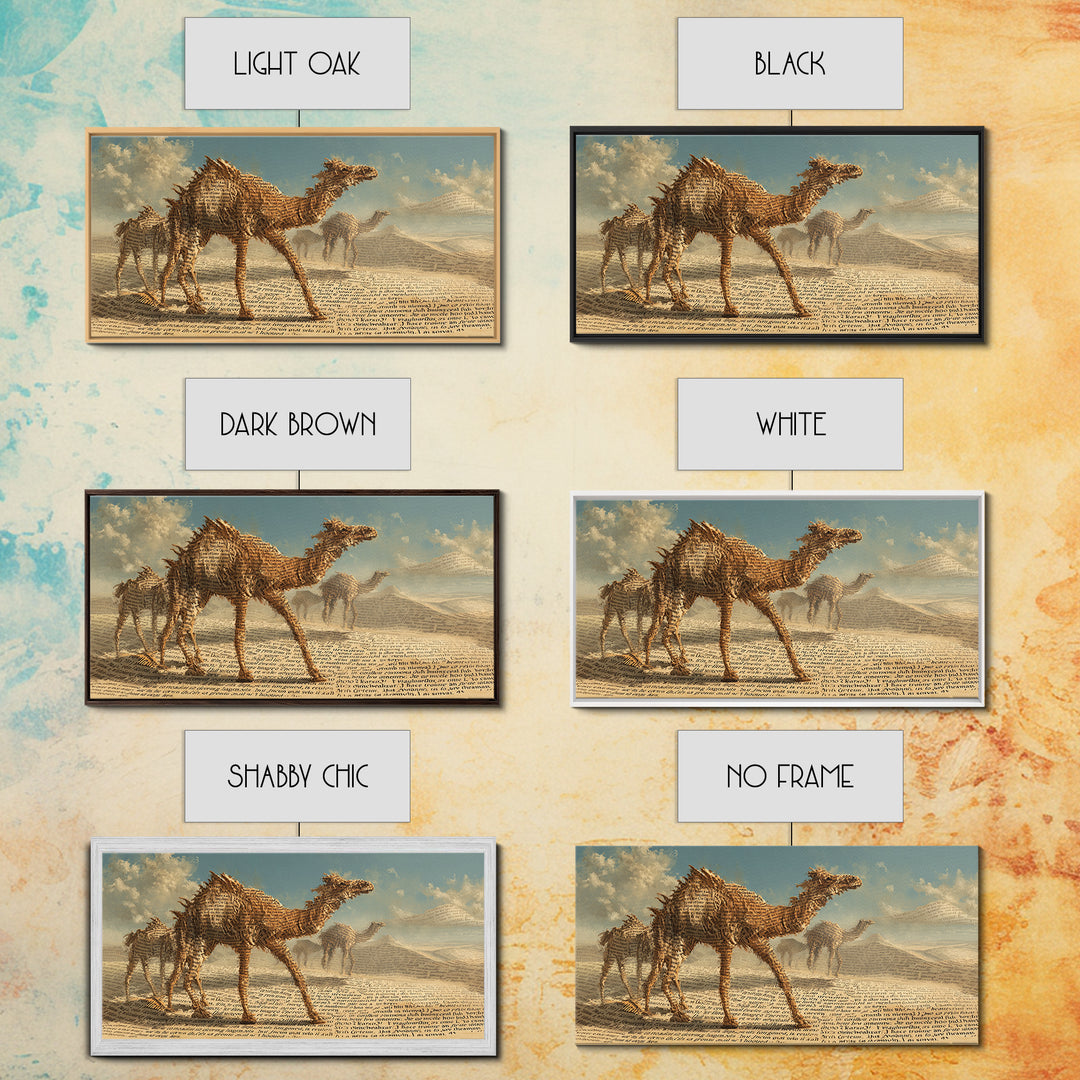 Desert Camel Caravan In Script Texture Canvas Print, African Safari Art, Earth Tone Wall Decor, Boho Living Room Art Gift