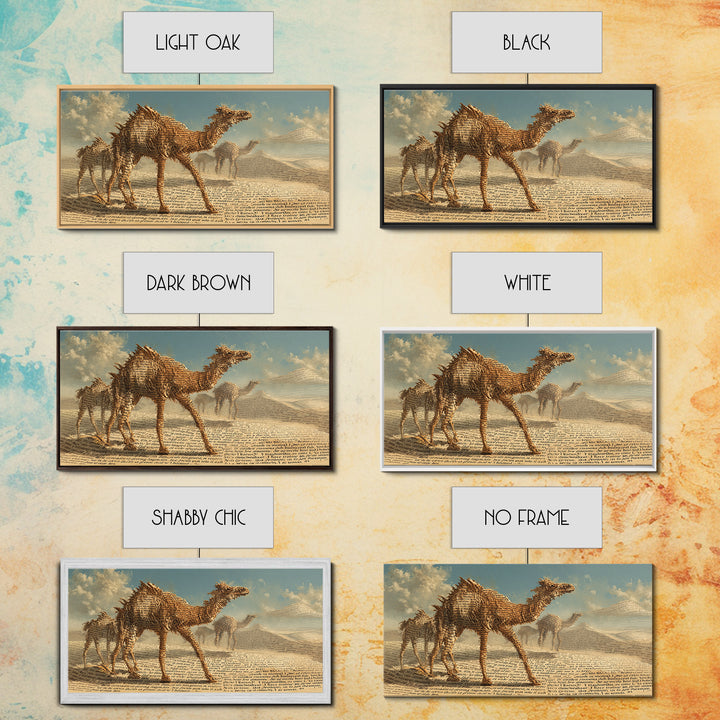 Desert Camel Caravan In Script Texture Canvas Print, African Safari Art, Earth Tone Wall Decor, Boho Living Room Art Gift