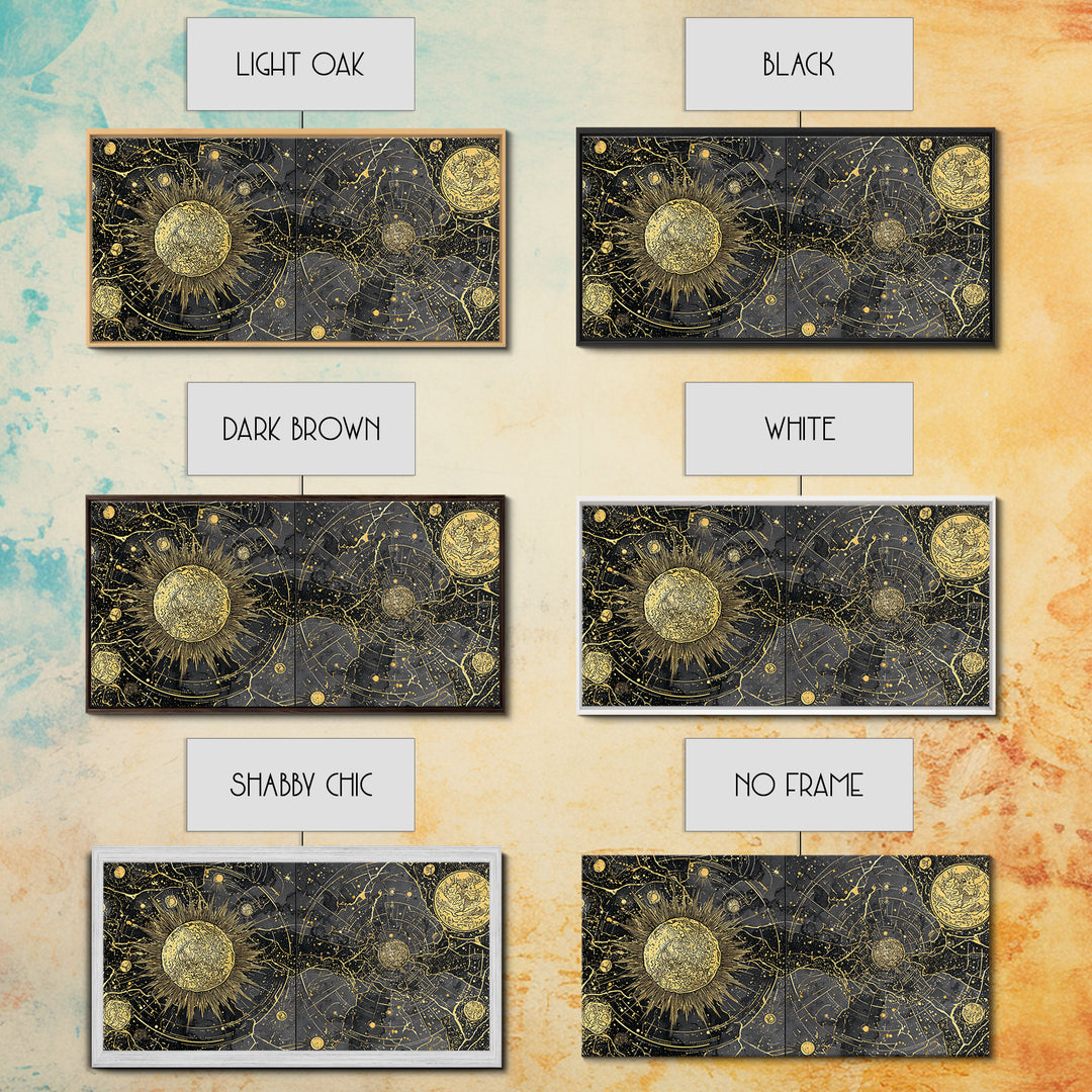 Gold Sun Moon Constellation Map Canvas Print, Celestial African Inspired Wall Art, Black And Gold Spiritual Home Decor Gift