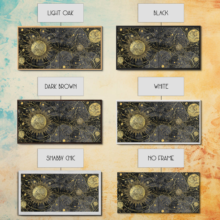 Gold Sun Moon Constellation Map Canvas Print, Celestial African Inspired Wall Art, Black And Gold Spiritual Home Decor Gift