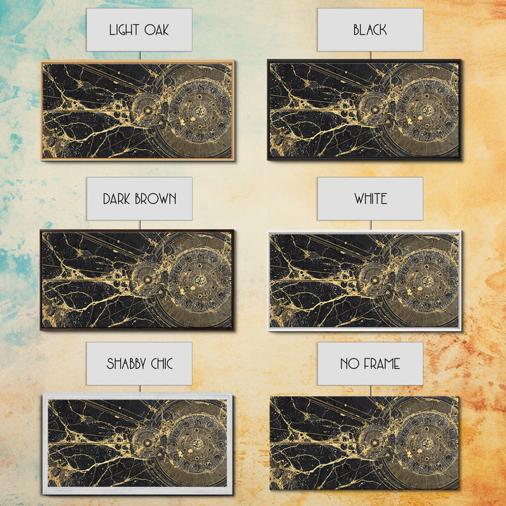 Golden Cosmic Web And Solar Orbit Framed Canvas Print, Abstract Wall Art, Black And Gold Decor, Mystical Astronomy Artwork