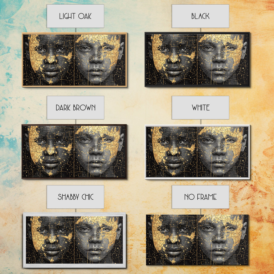 Black Gold African Portrait Diptych Wall Art, Afrocentric Abstract Face Art, Modern Black Culture Decor, Luxury Canvas Print