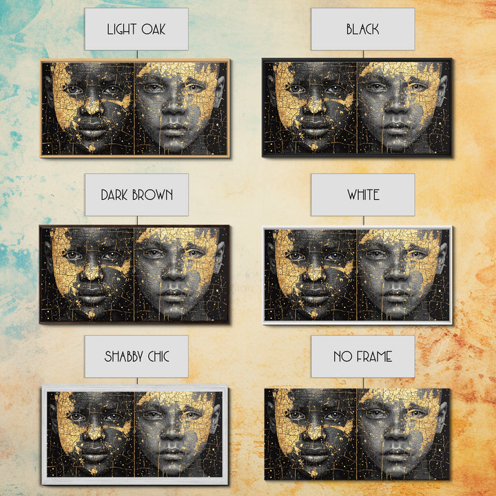 Black Gold African Portrait Diptych Wall Art, Afrocentric Abstract Face Art, Modern Black Culture Decor, Luxury Canvas Print