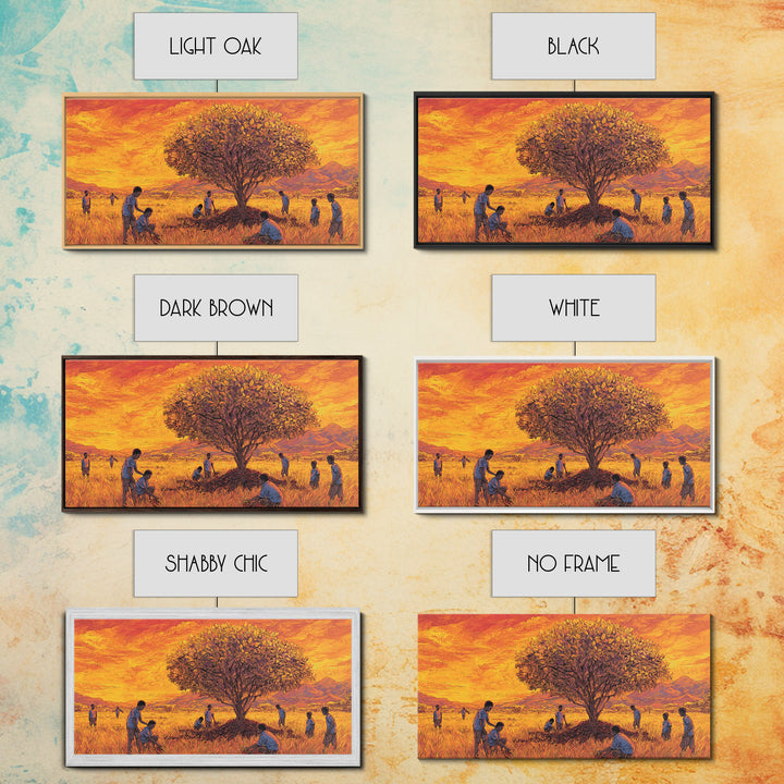 Golden Savanna Tree Framed Canvas Print, African Children Landscape, Sunset Safari Art, Warm Cultural Wall Decor Gift Print