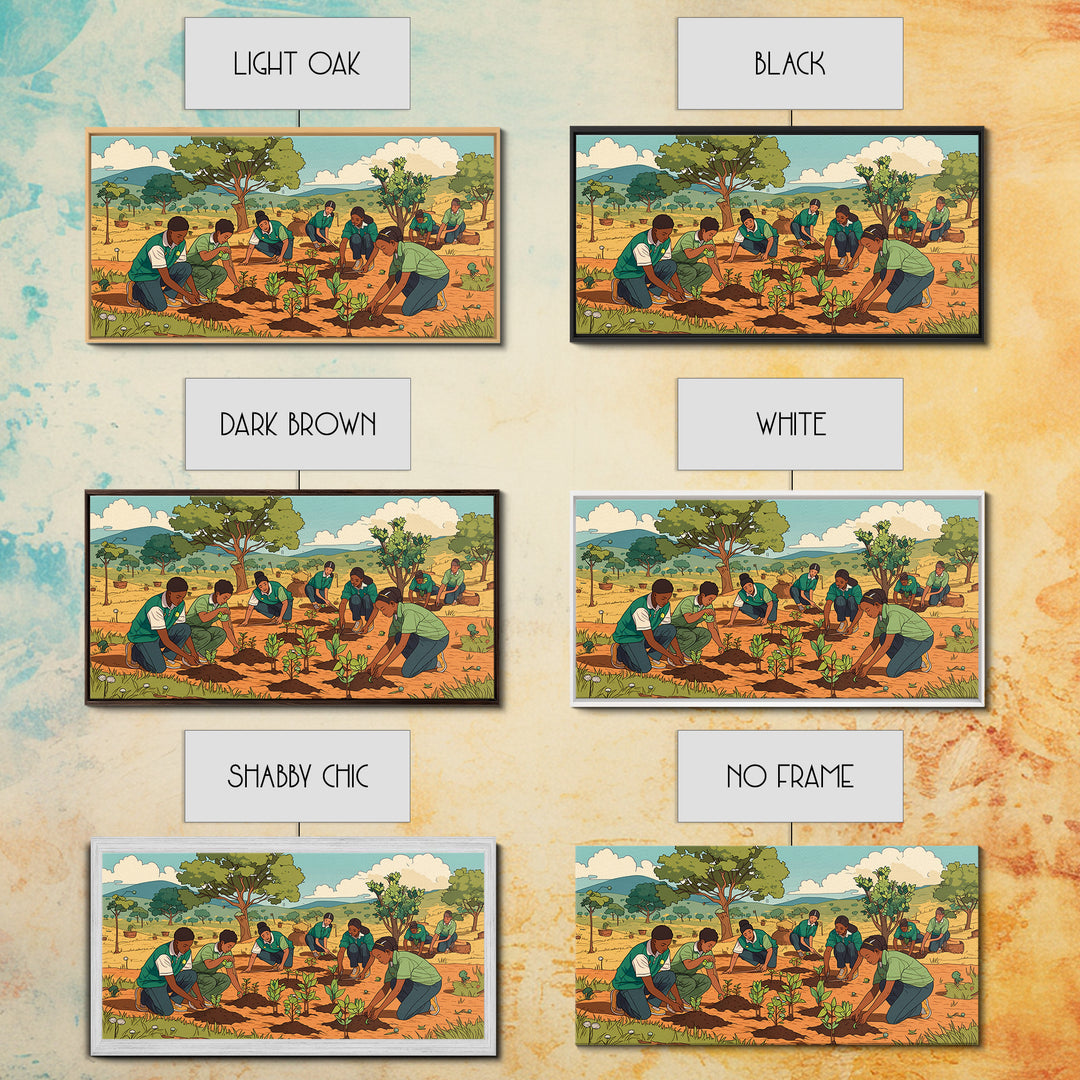 Students Planting Saplings Canvas Print, African Safari Landscape, Youth Garden Artwork, Green Nature Wall Decor Gift For Kids