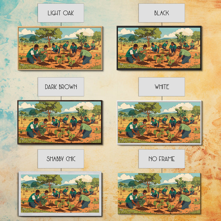 Students Planting Saplings Canvas Print, African Safari Landscape, Youth Garden Artwork, Green Nature Wall Decor Gift For Kids