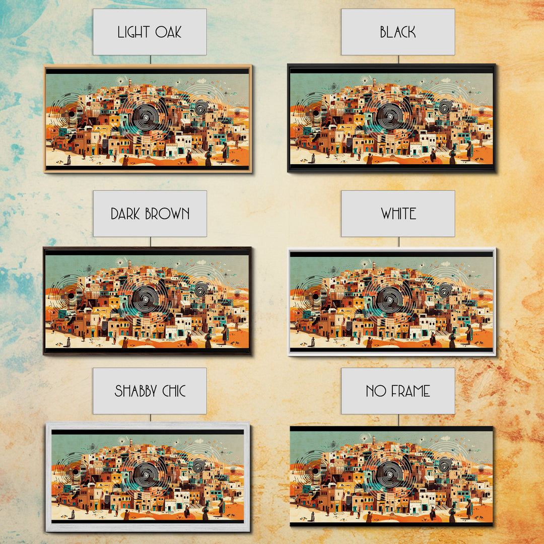 Panoramic Desert City With Circular Motifs Canvas Print, African Landscape, Modern Wall Art, Terracotta Home Decor Gift For Him