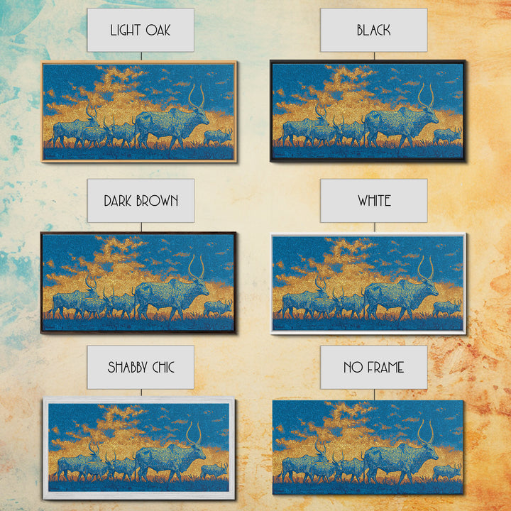 Blue And Gold Watusi Herd Wall Art, African Safari Art Canvas Print, Savanna Landscape, Colorful African Wall Decor Gift