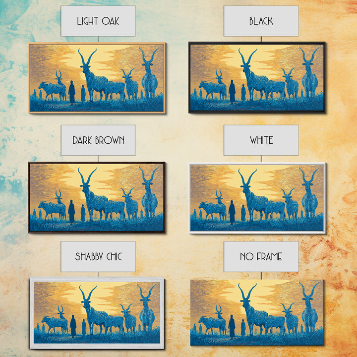 Blue Watusi Cattle Sunset Wall Art, African Safari Art Canvas Print, African Landscape, Rustic Living Room Decor Gift For Him
