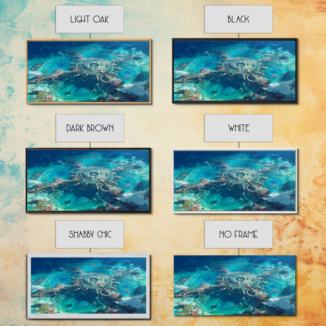 Futuristic Ocean City Aerial Canvas Print, Turquoise Sci Fi Island Wall Decor, Modern Digital Art, Unique Coastal Home Decor