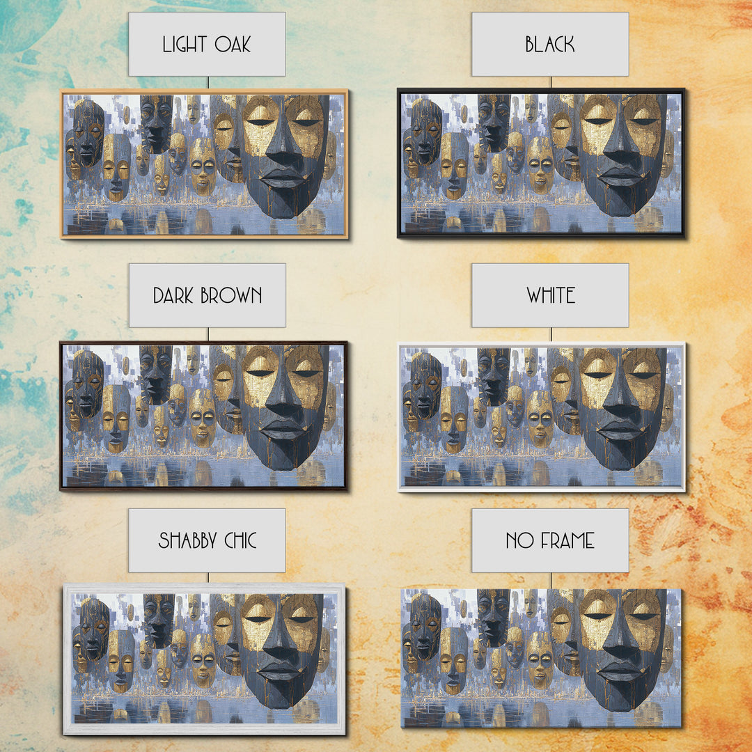 Floating African Mask Framed Canvas Print, Blue Gold Tribal Wall Decor, Modern African Art, Afrocentric Living Room Decor