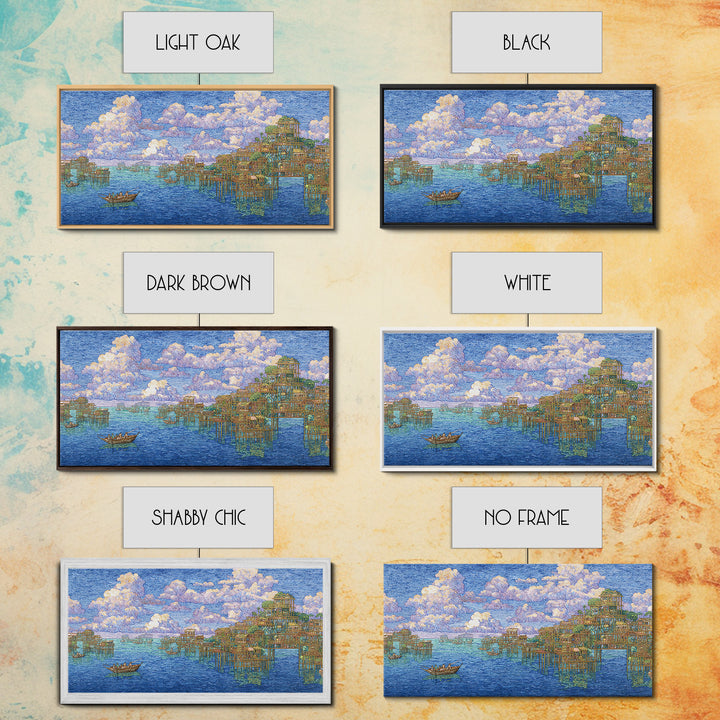 Ocean Stilt Village Wall Art, Blue Coastal Landscape, African Inspired Fishing Boats, Dreamy Clouds, Premium Canvas Print