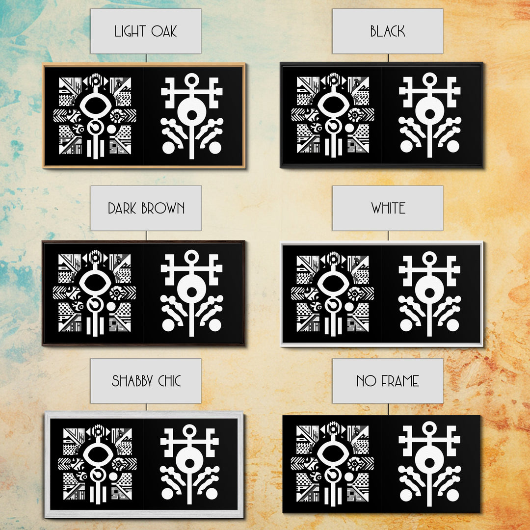 Black And White Adinkra Symbol Wall Art, African Tribal Abstract Canvas Print, Geometric Spiritual Decor, Bold Pattern Gift