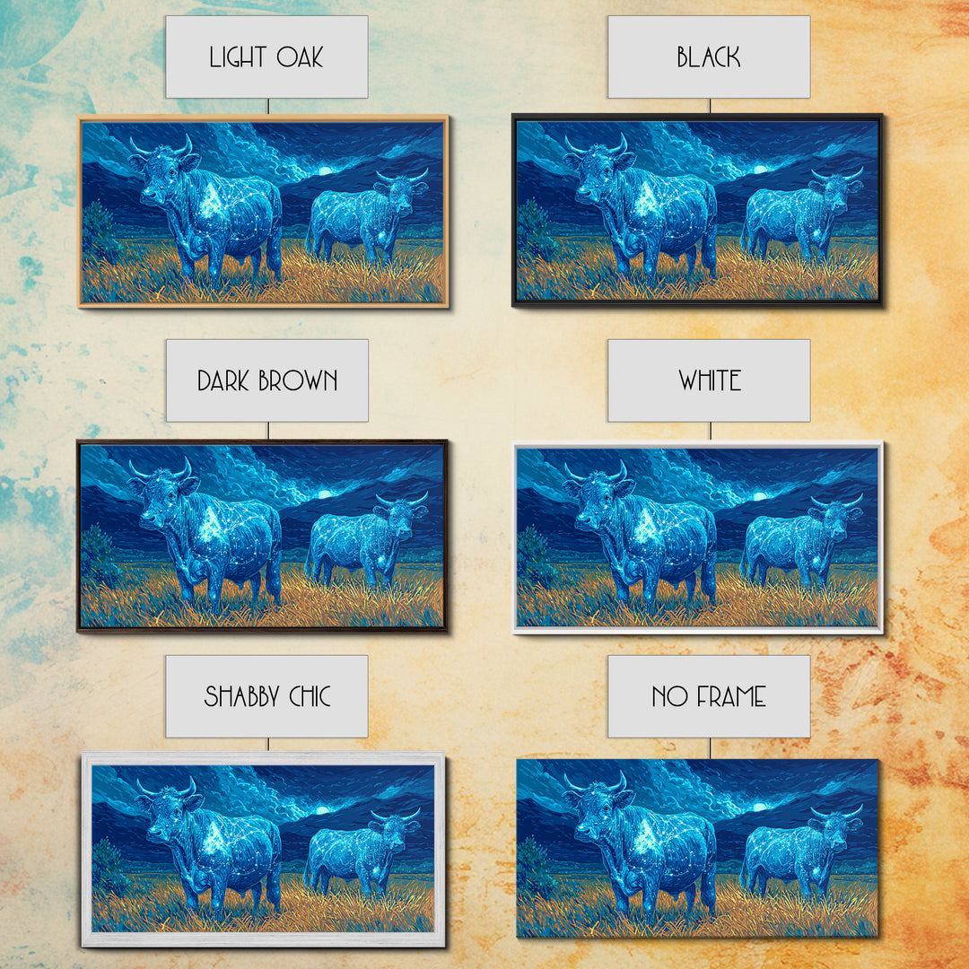 Glowing Blue Bulls In Moonlit Field Wall Art, Animal Landscape Painting, Nature Canvas Decor, Rustic Farmhouse Gift For Home