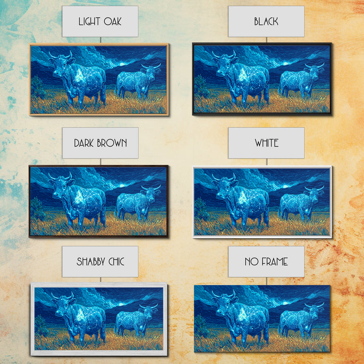 Glowing Blue Bulls In Moonlit Field Wall Art, Animal Landscape Painting, Nature Canvas Decor, Rustic Farmhouse Gift For Home