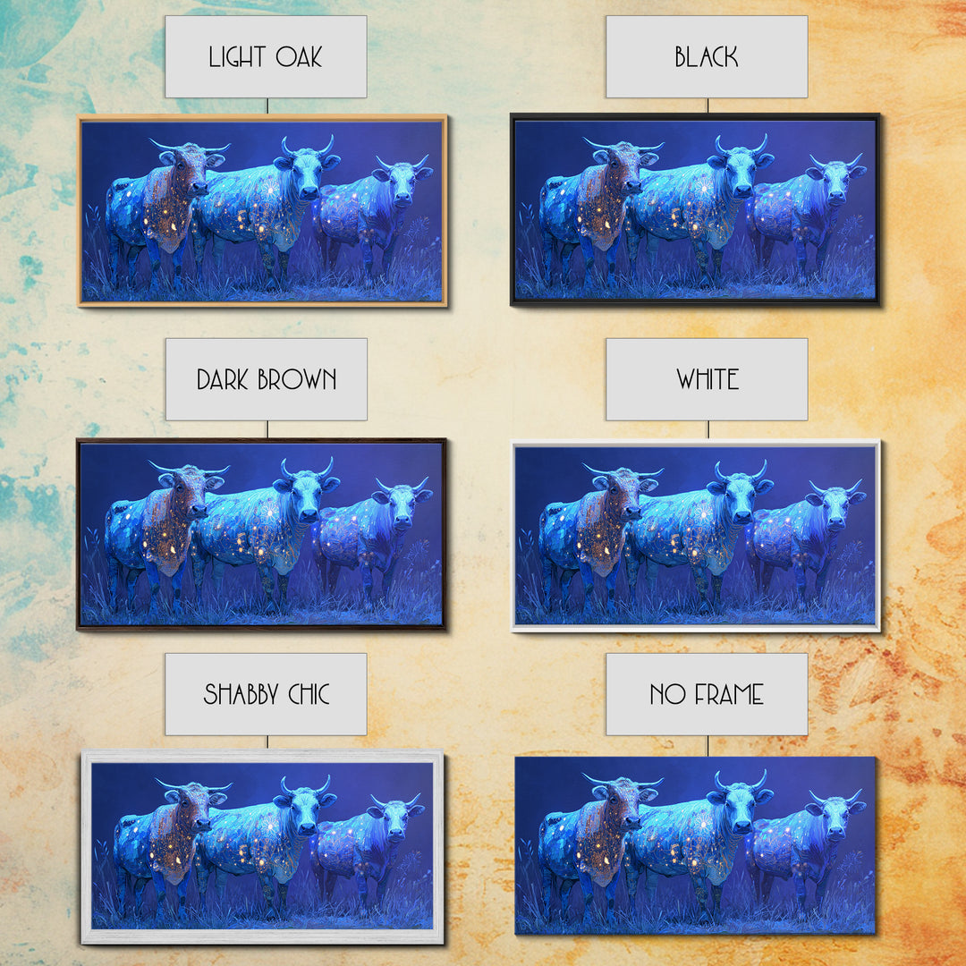 Glowing Blue African Cattle Under Moonlight Canvas Print, Safari Animal Wall Decor, Modern African Art, Blue Living Room Art