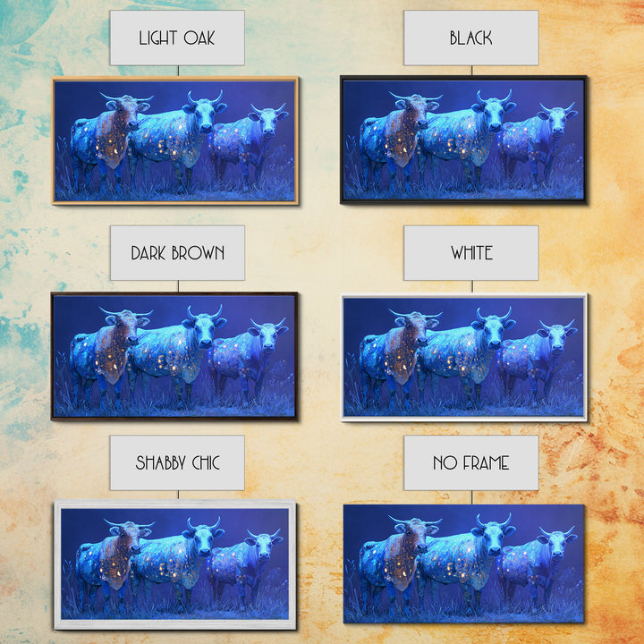 Glowing Blue African Cattle Under Moonlight Canvas Print, Safari Animal Wall Decor, Modern African Art, Blue Living Room Art