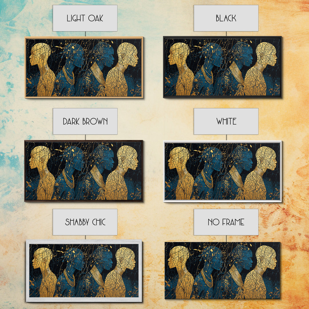 Gold And Teal African Women Silhouettes Wall Art, Afrocentric Black Woman Portrait, Luxury Canvas Decor, Black Gold Print