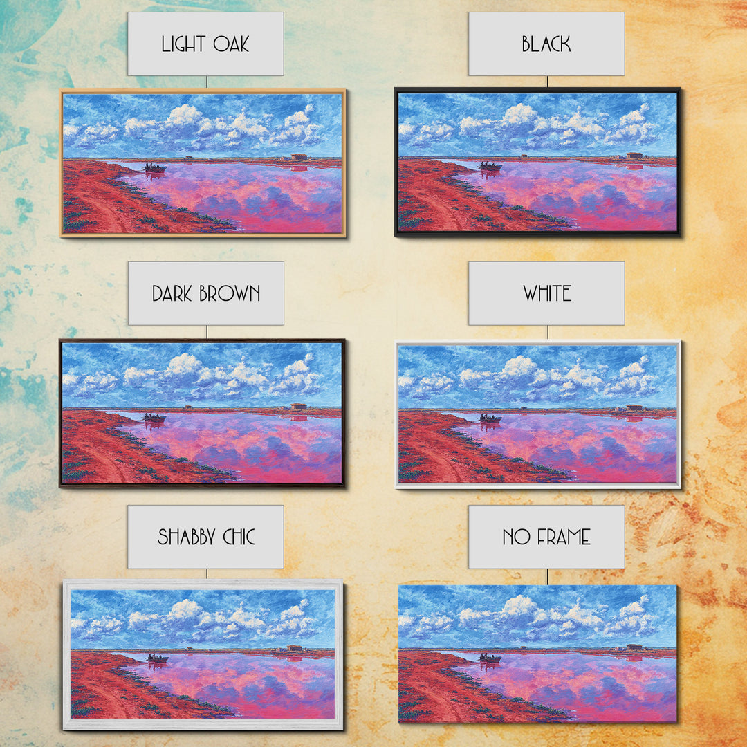 Pink Salt Lake Boats Wall Art, African Landscape Painting, Coastal Travel Poster, Blue Sky Canvas Decor, Living Room Gift