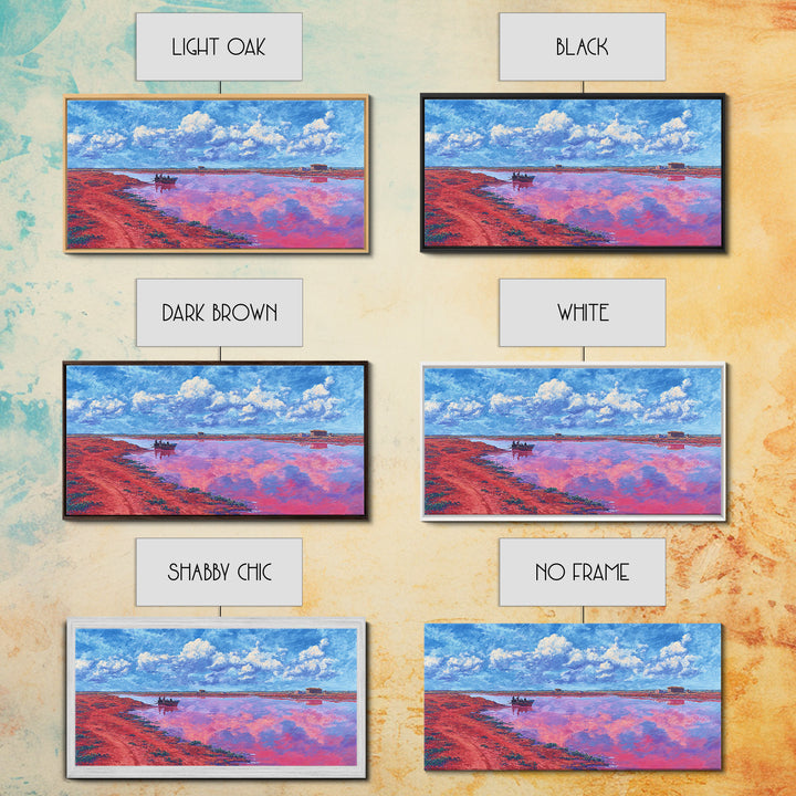 Pink Salt Lake Boats Wall Art, African Landscape Painting, Coastal Travel Poster, Blue Sky Canvas Decor, Living Room Gift