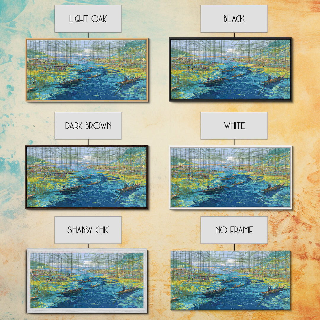 Abstract Blue Wetlands With Boats Canvas Print, Modern African Art, Coastal Landscape, Teal Wall Decor, Large Living Room Art