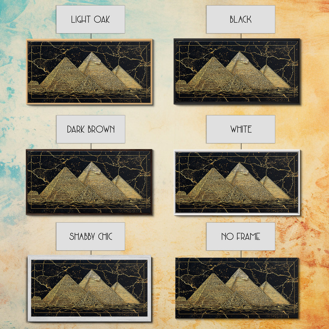 Golden Line Egyptian Pyramids Wall Art, Black Gold Canvas Print, Ancient African Artwork, Luxury Cultural Home Decor Gift