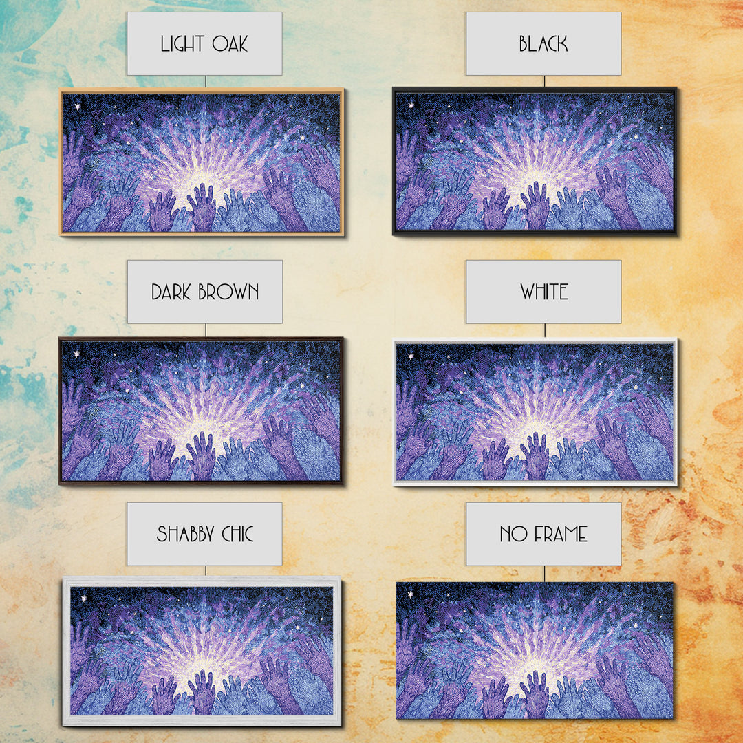 Hands Reaching Toward Light Wall Art, Mystical Spiritual Canvas Decor, Blue Purple Starburst, Dreamy Meditation Gift For Home