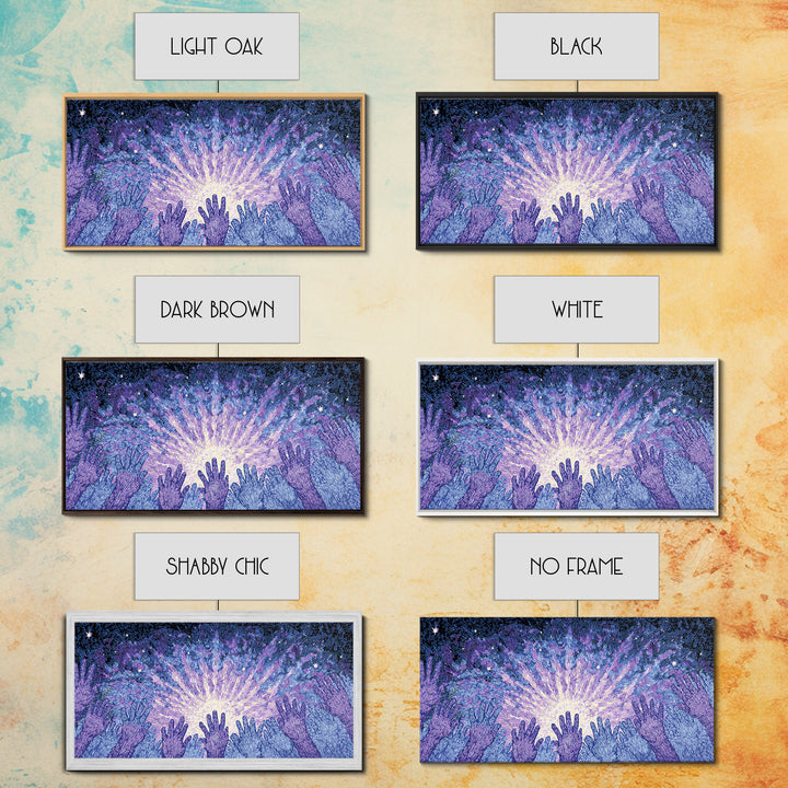Hands Reaching Toward Light Wall Art, Mystical Spiritual Canvas Decor, Blue Purple Starburst, Dreamy Meditation Gift For Home